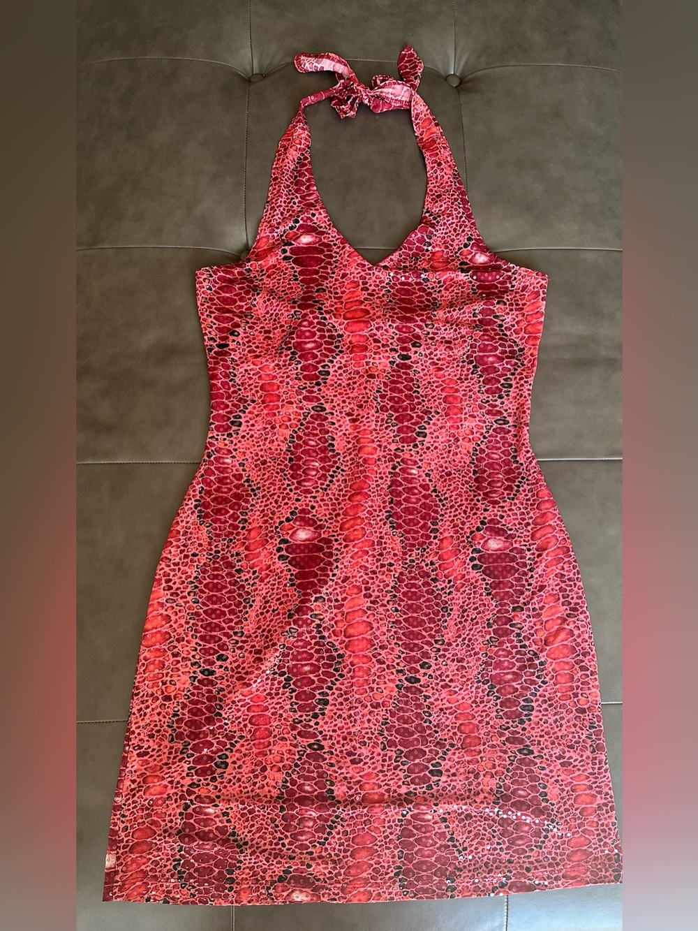 Y2K Pink Red Animal Print Sequin Halter Mini Dress M